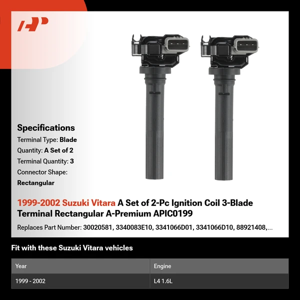 1999-2002 Suzuki Vitara A Set of 2-Pc Ignition Coil 3-Blade Terminal Rectangular A-Premium APIC0199