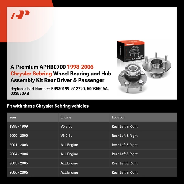 A-Premium APHB0700 1998-2006 Chrysler Sebring Wheel Bearing and Hub Assembly Kit Rear Driver & Passenger