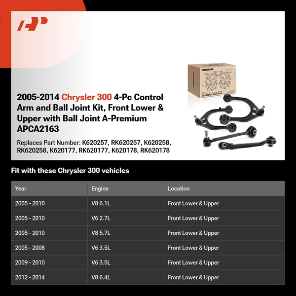 2005-2014 Chrysler 300 4-Pc Control Arm and Ball Joint Kit, Front Lower & Upper with Ball Joint A-Premium APCA2163