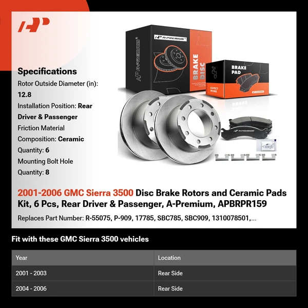 2001-2006 GMC Sierra 3500 Disc Brake Rotors and Ceramic Pads Kit, 6 Pcs, Rear Driver & Passenger, A-Premium, APBRPR159