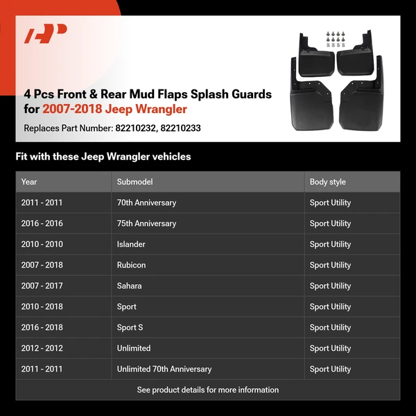 4 Pcs Front & Rear Mud Flaps Splash Guards for 2007-2018 Jeep Wrangler