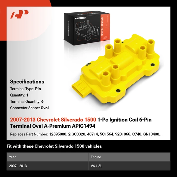 2007-2013 Chevrolet Silverado 1500 1-Pc Ignition Coil 6-Pin Terminal Oval A-Premium APIC1494