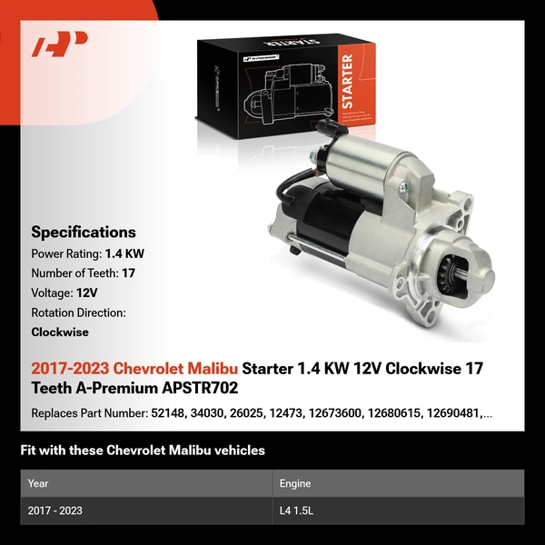 2017-2023 Chevrolet Malibu Starter 1.4 KW 12V Clockwise 17 Teeth A-Premium APSTR702