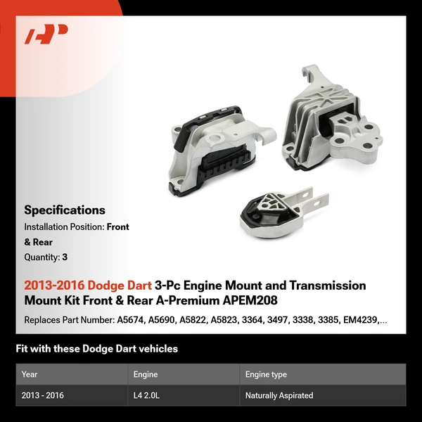 2013-2016 Dodge Dart 3-Pc Engine Mount and Transmission Mount Kit Front & Rear A-Premium APEM208