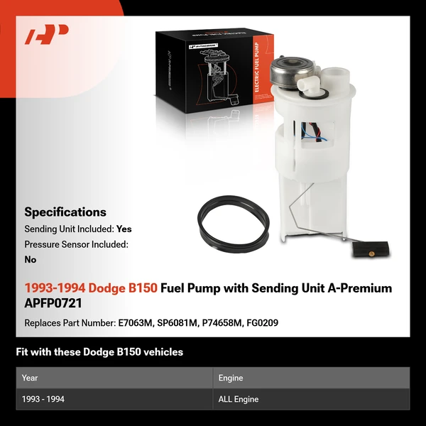 1993-1994 Dodge B150 Fuel Pump with Sending Unit A-Premium APFP0721