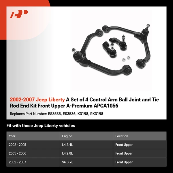 2002-2007 Jeep Liberty A Set of 4 Control Arm Ball Joint and Tie Rod End Kit Front Upper A-Premium APCA1056