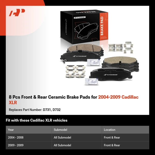 8 Pcs Front & Rear Ceramic Brake Pads for 2004-2009 Cadillac XLR