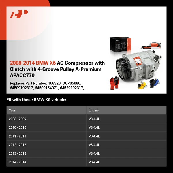 2008-2014 BMW X6 AC Compressor with Clutch with 4-Groove Pulley A-Premium APACC770