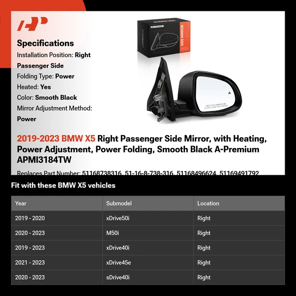 2019-2023 BMW X5 Right Passenger Side Mirror, with Heating, Power Adjustment, Power Folding, Smooth Black A-Premium APMI3184TW