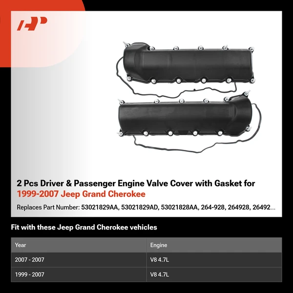 2 Pcs Driver & Passenger Engine Valve Cover with Gasket for 1999-2007 Jeep Grand Cherokee