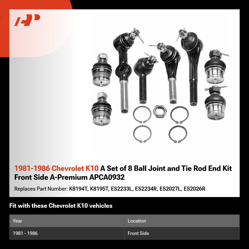 1981-1986 Chevrolet K10 A Set of 8 Ball Joint and Tie Rod End Kit Front Side A-Premium APCA0932