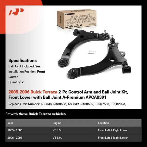2005-2006 Buick Terraza 2-Pc Control Arm and Ball Joint Kit, Front Lower with Ball Joint A-Premium APCA0391