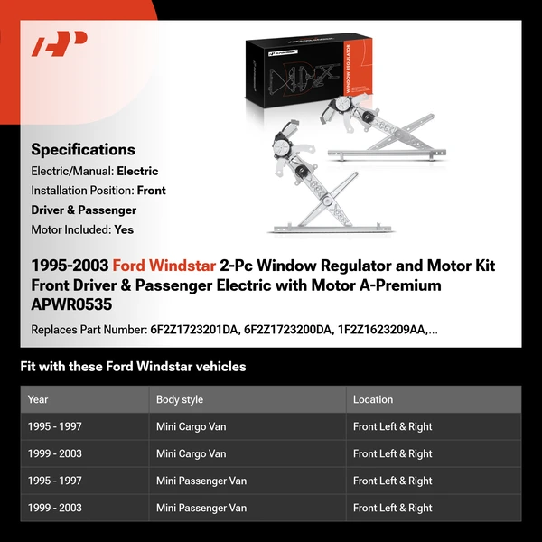 1995-2003 Ford Windstar 2-Pc Window Regulator and Motor Kit Front Driver & Passenger Electric with Motor A-Premium APWR0535