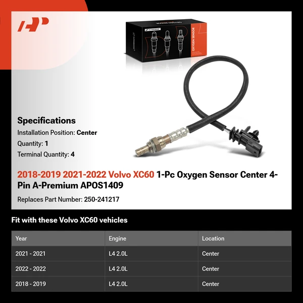 2018-2019 2021-2022 Volvo XC60 1-Pc Oxygen Sensor Center 4-Pin A-Premium APOS1409