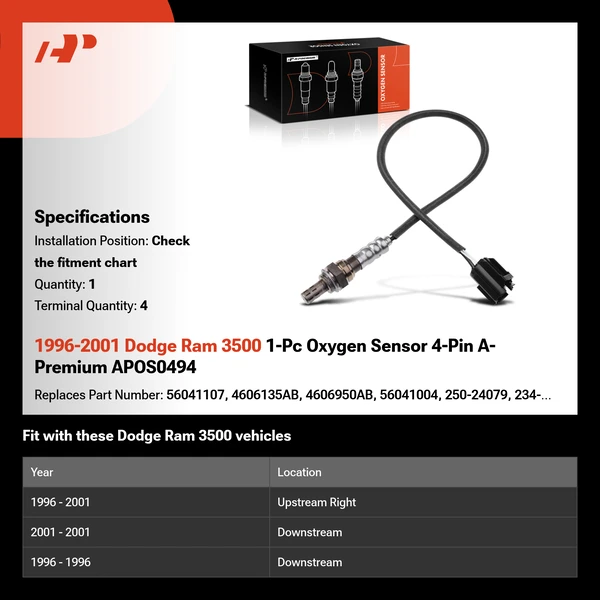 1996-2001 Dodge Ram 3500 1-Pc Oxygen Sensor 4-Pin A-Premium APOS0494