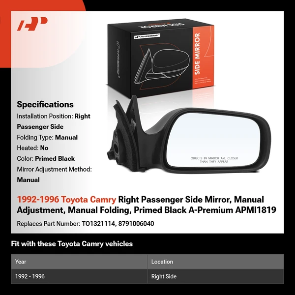 1992-1996 Toyota Camry Right Passenger Side Mirror, Manual Adjustment, Manual Folding, Primed Black A-Premium APMI1819