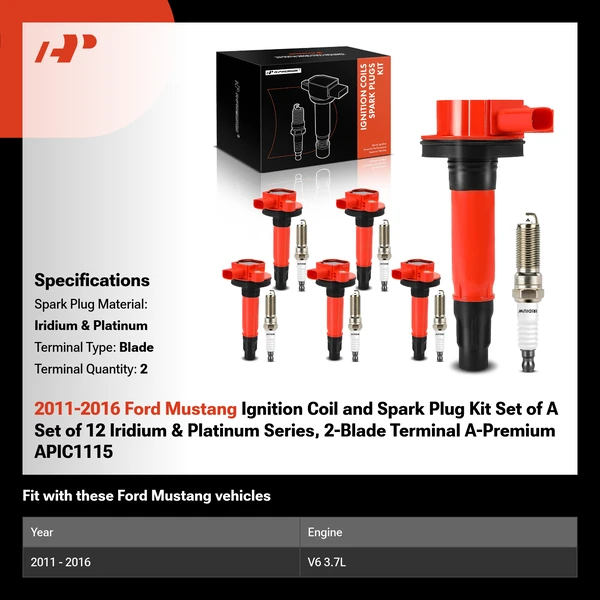 2011-2016 Ford Mustang Ignition Coil and Spark Plug Kit Set of A Set of 12 Iridium & Platinum Series, 2-Blade Terminal A-Premium APIC1115