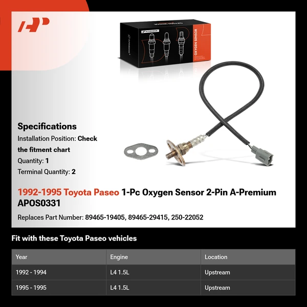 1992-1995 Toyota Paseo 1-Pc Oxygen Sensor 2-Pin A-Premium APOS0331