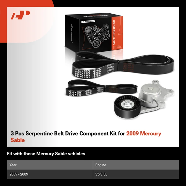 3 Pcs Serpentine Belt Drive Component Kit for 2009 Mercury Sable