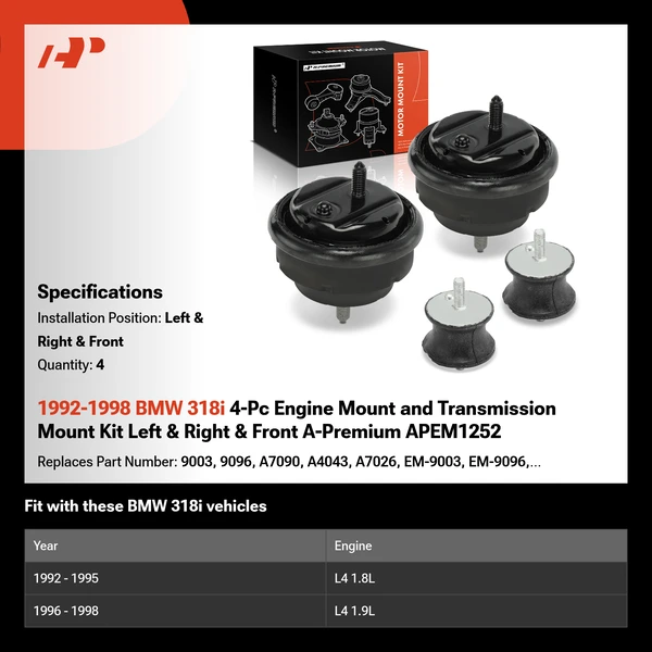 1992-1998 BMW 318i 4-Pc Engine Mount and Transmission Mount Kit Left & Right & Front A-Premium APEM1252
