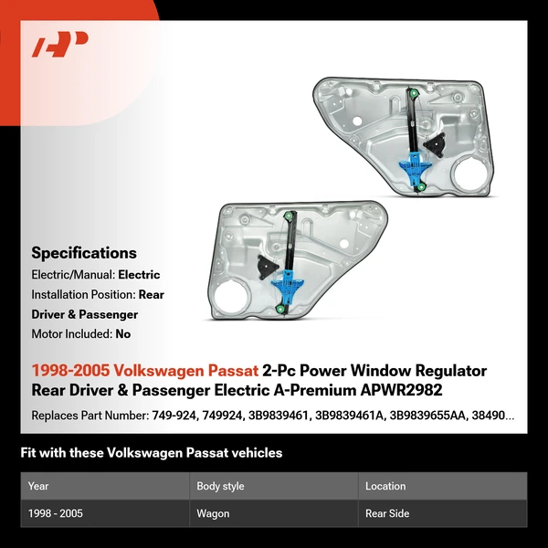 1998-2005 Volkswagen Passat 2-Pc Power Window Regulator Rear Driver & Passenger Electric A-Premium APWR2982