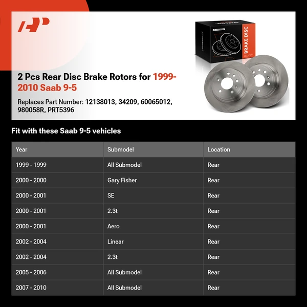 2 Pcs Rear Disc Brake Rotors for 1999-2010 Saab 9-5