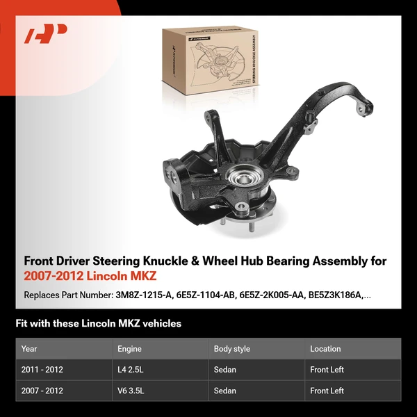 Front Driver Steering Knuckle & Wheel Hub Bearing Assembly for 2007-2012 Lincoln MKZ