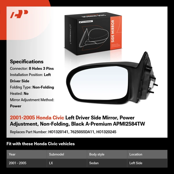 2001-2005 Honda Civic Left Driver Side Mirror, Power Adjustment, Non-Folding, Black A-Premium APMI2584TW