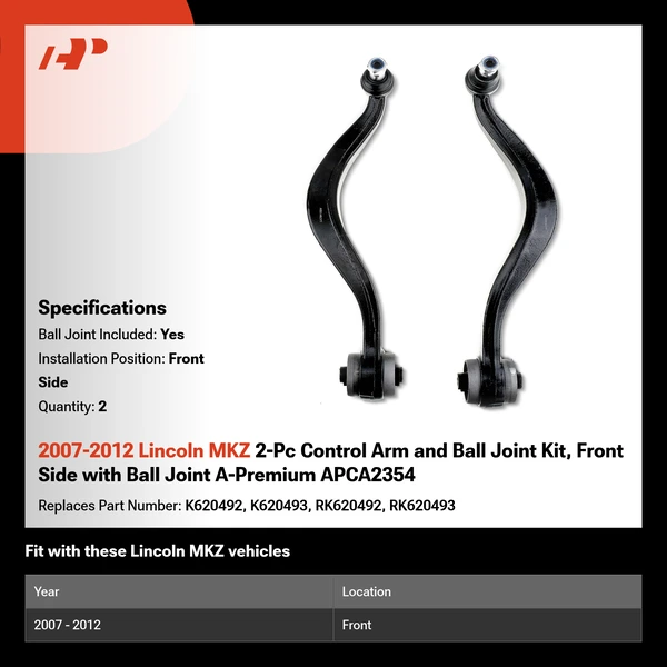 2007-2012 Lincoln MKZ 2-Pc Control Arm and Ball Joint Kit, Front Side with Ball Joint A-Premium APCA2354