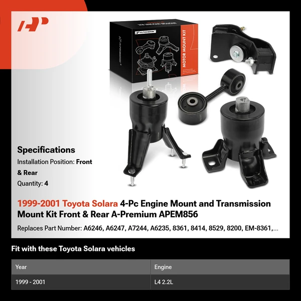 1999-2001 Toyota Solara 4-Pc Engine Mount and Transmission Mount Kit Front & Rear A-Premium APEM856