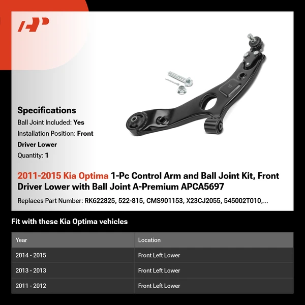 2011-2015 Kia Optima 1-Pc Control Arm and Ball Joint Kit, Front Driver Lower with Ball Joint A-Premium APCA5697