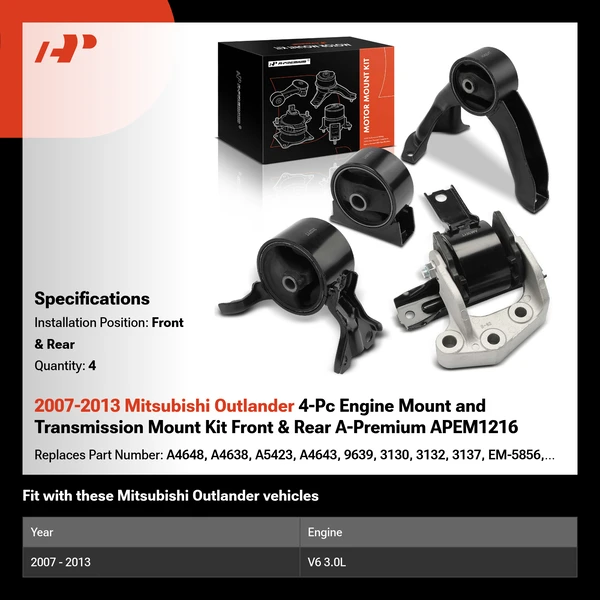 2007-2013 Mitsubishi Outlander 4-Pc Engine Mount and Transmission Mount Kit Front & Rear A-Premium APEM1216