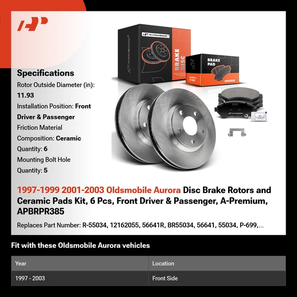 1997-1999 2001-2003 Oldsmobile Aurora Disc Brake Rotors and Ceramic Pads Kit, 6 Pcs, Front Driver & Passenger, A-Premium, APBRPR385