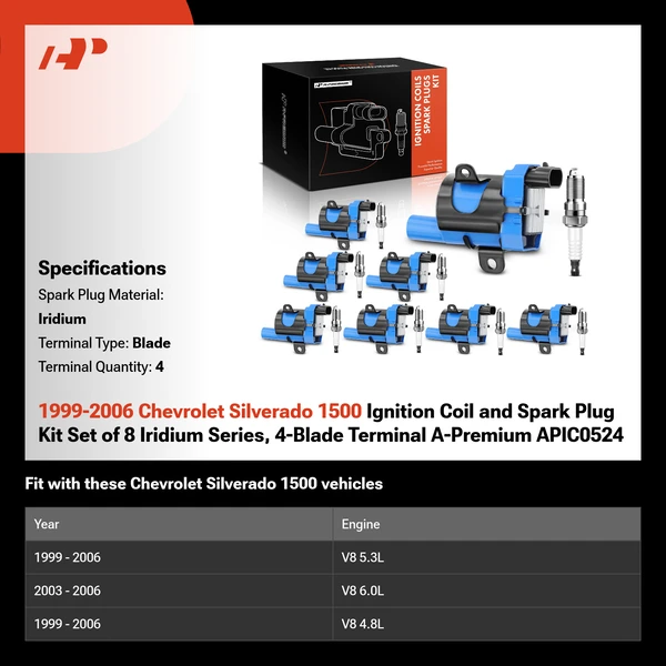1999-2006 Chevrolet Silverado 1500 Ignition Coil and Spark Plug Kit Set of 8 Iridium Series, 4-Blade Terminal A-Premium APIC0524