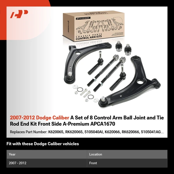 2007-2012 Dodge Caliber A Set of 8 Control Arm Ball Joint and Tie Rod End Kit Front Side A-Premium APCA1670