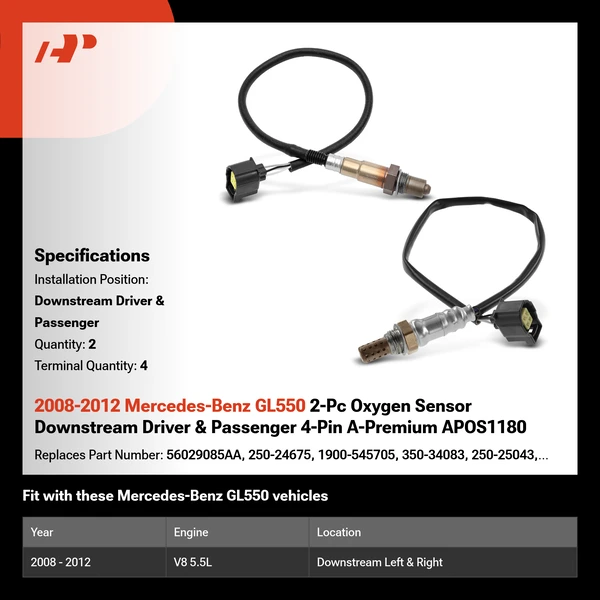 2008-2012 Mercedes-Benz GL550 2-Pc Oxygen Sensor Downstream Driver & Passenger 4-Pin A-Premium APOS1180