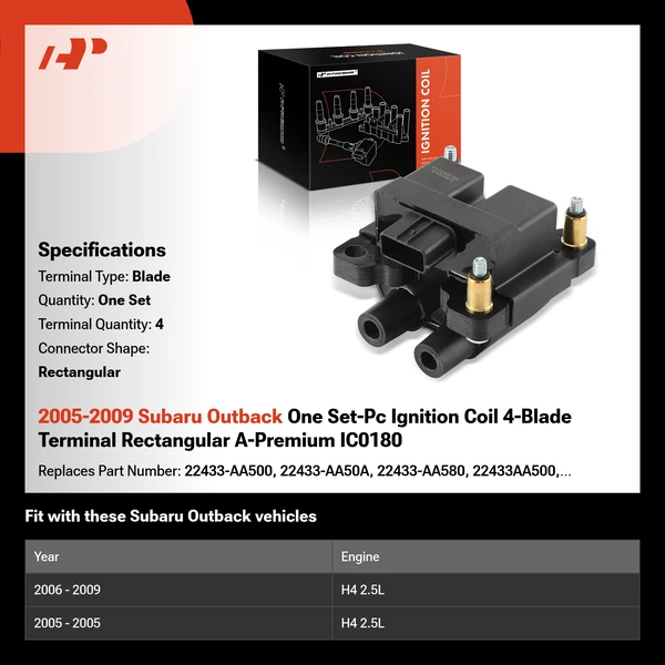 2005-2009 Subaru Outback One Set-Pc Ignition Coil 4-Blade Terminal Rectangular A-Premium IC0180