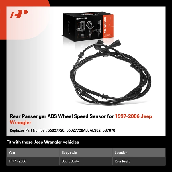Rear Passenger ABS Wheel Speed Sensor for 1997-2006 Jeep Wrangler
