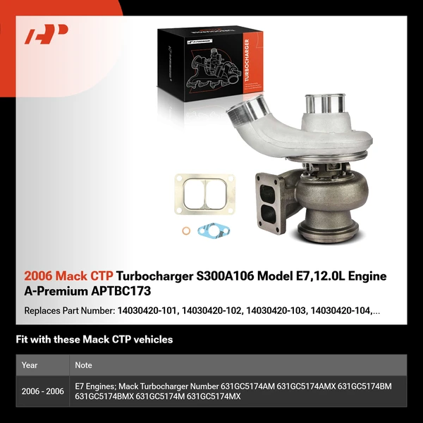 2006 Mack CTP Turbocharger S300A106 Model E7,12.0L Engine A-Premium APTBC173