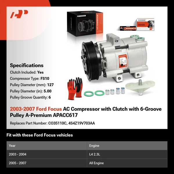 2003-2007 Ford Focus AC Compressor with Clutch with 6-Groove Pulley A-Premium APACC617