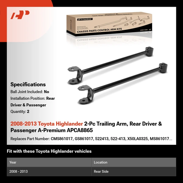 2008-2013 Toyota Highlander 2-Pc Trailing Arm, Rear Driver & Passenger A-Premium APCA8865