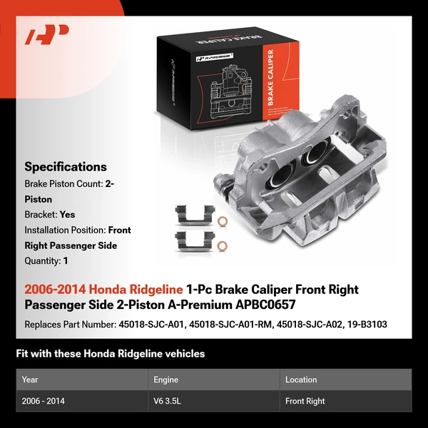 2006-2014 Honda Ridgeline 1-Pc Brake Caliper Front Right Passenger Side 2-Piston A-Premium APBC0657