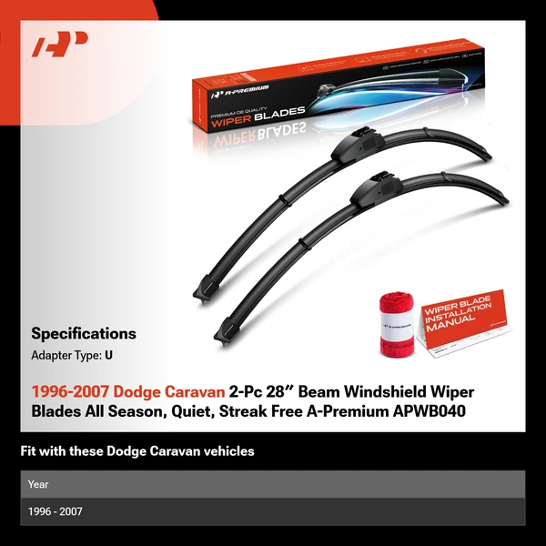1996-2007 Dodge Caravan 2-Pc 28″ Beam Windshield Wiper Blades All Season, Quiet, Streak Free A-Premium APWB040