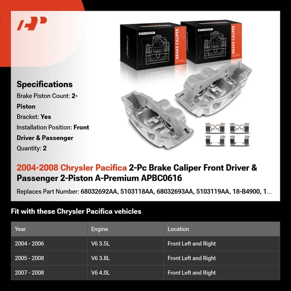 2004-2008 Chrysler Pacifica 2-Pc Brake Caliper Front Driver & Passenger 2-Piston A-Premium APBC0616