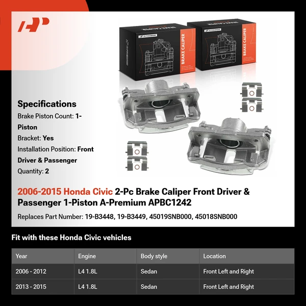 2006-2015 Honda Civic 2-Pc Brake Caliper Front Driver & Passenger 1-Piston A-Premium APBC1242