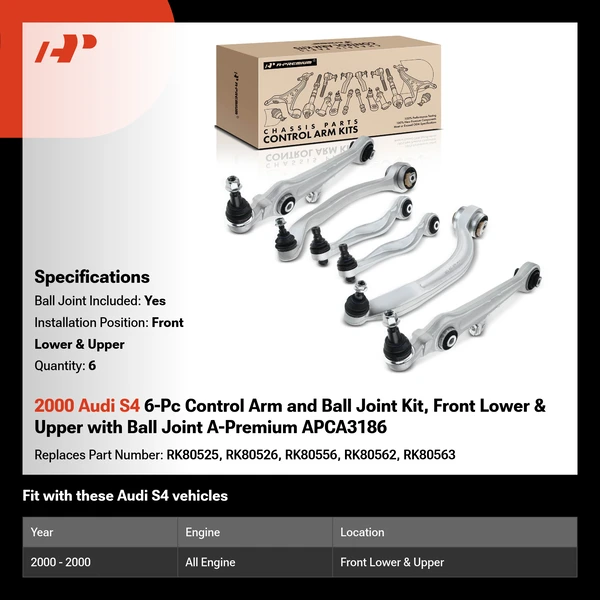2000 Audi S4 6-Pc Control Arm and Ball Joint Kit, Front Lower & Upper with Ball Joint A-Premium APCA3186