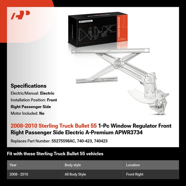 2008-2010 Sterling Truck Bullet 55 1-Pc Window Regulator Front Right Passenger Side Electric A-Premium APWR3734