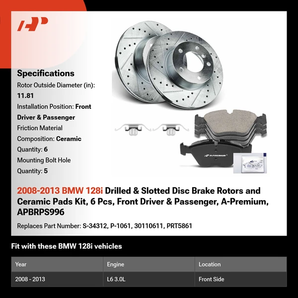 2008-2013 BMW 128i Drilled & Slotted Disc Brake Rotors and Ceramic Pads Kit, 6 Pcs, Front Driver & Passenger, A-Premium, APBRPS996