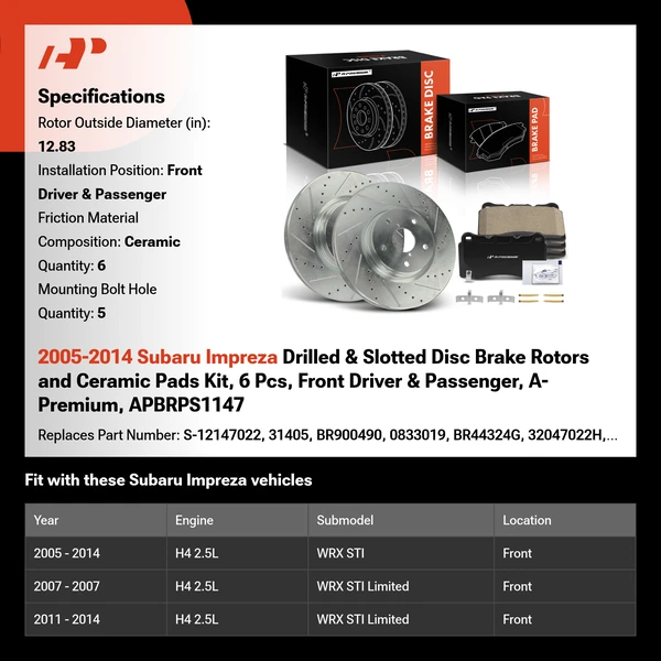 2005-2014 Subaru Impreza Drilled & Slotted Disc Brake Rotors and Ceramic Pads Kit, 6 Pcs, Front Driver & Passenger, A-Premium, APBRPS1147