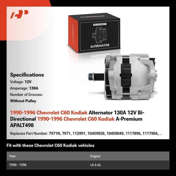 1990-1996 Chevrolet C60 Kodiak Alternator 130A 12V Bi-Directional 1990-1996 Chevrolet C60 Kodiak A-Premium APALT498